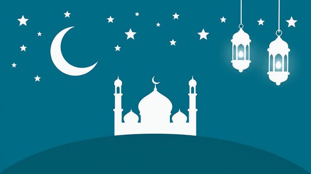Islamic illustration of a mosque with a hanging lantern, moon, and stars.