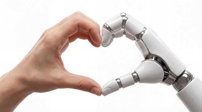 Human hand and robot finger forming heart shape together