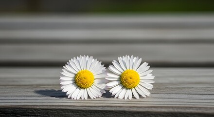 Obraz premium Two white daisies with yellow centers on a wooden surface