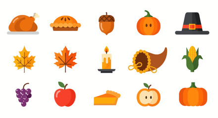 Thanksgiving icons collection of festive autumnal symbols and elements © Adit
