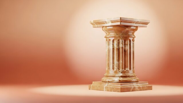 Classic marble column pedestal on a peach background presents a spotlight effect