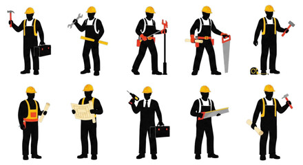 Construction workers with tools and blueprints, isolated on white background.