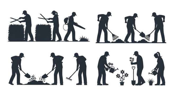 Gardening and yard work activities, planting, mowing, and blowing, isolated.