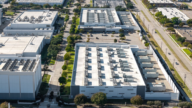 Aerial view modern data center industrial park technology, AI hub.