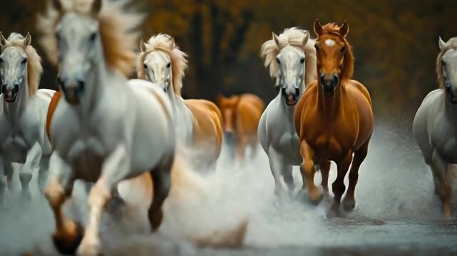 Majestic Horses Galloping Through Water - A Stunning Visual Display.