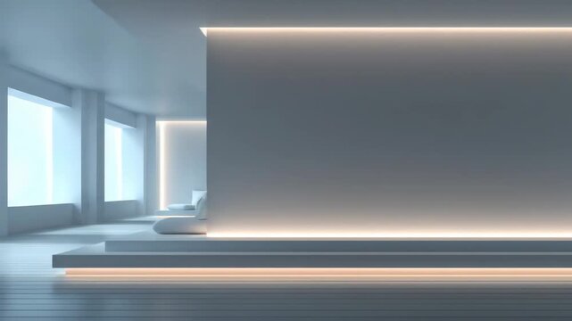 Futuristic Minimalist Abstract Interior with Glowing LED Light Lines and Clean Geometric Architecture