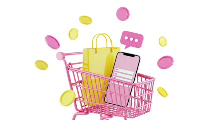 Online Shopping Cart with Phone, Shopping Bag, Coins, and Chat Icon
