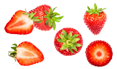 fresh ripe strawberries cut and whole, isolated on a transparent background, studio shot, vibrant red and green colors, healthy fruit photography for culinary and design projects.
