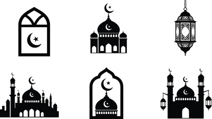 Fototapeta premium Islamic silhouette icon set, mosque and lantern symbols, crescent moon graphics, cultural architecture elements, flat vector illustration
