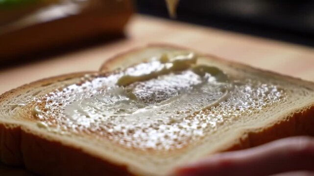 A close-up shot of butter being spread on a slice of toasted bread, preparing for a delicious meal