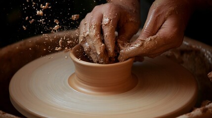 Potter Shaping Wet Clay on Spinning Wheel / 陶芸のろくろで粘土を形作る手3