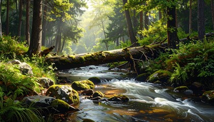 Lush forest scene featuring a flowing stream, sunlit canopy, and fallen tree over water. Rocks and verdant foliage are abundant