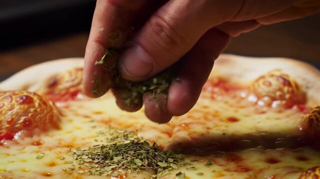 A hand sprinkles herbs onto a pizza with melted cheese and tomato sauce in a close-up shot from above.