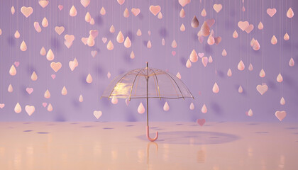 Artistic rendering of a clear umbrella with pink handle beneath hanging heart and teardrop decorations on purple backdrop
