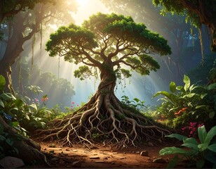 Lush forest scene. Sunbeams cascade onto a majestic tree with exposed roots. Vivid greens & natural browns dominate