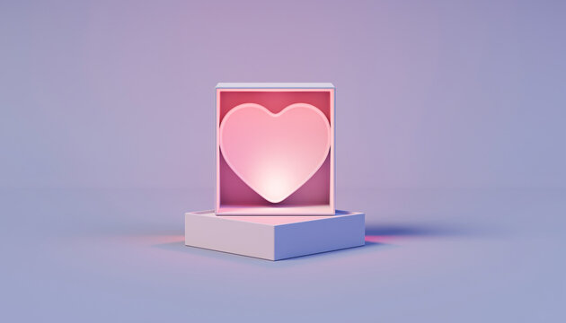 3D rendering of a pink heart illuminated inside white box on white base with soft gradient background highlighting romantic and modern decorative composition