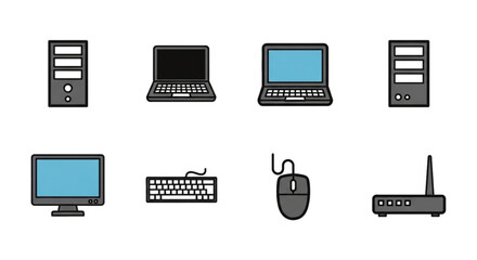 Computer Hardware Icons: Desktop PC, Laptop, Monitor, Keyboard, Mouse, Router