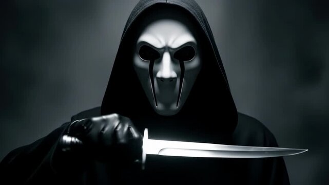 Scary Ghostface Killer Holding Knife Horror Movie Character Close Up.