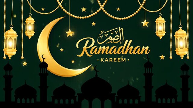 Ramadan Kareem Greeting with Golden Crescent Moon.