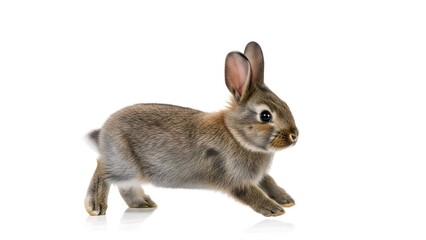 Obraz premium Cute small fluffy rabbit running projects/818518860498 against a white background studio shot