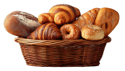A woven basket overflows with an assortment of golden-brown baked goods