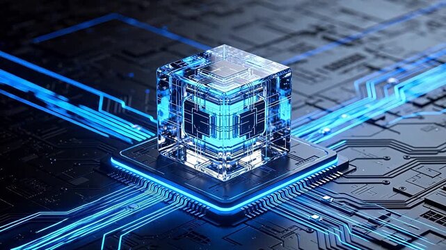 Futuristic cube on circuit board