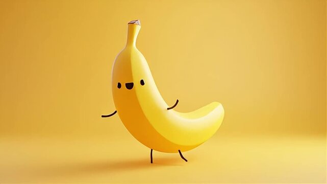 A cute character banana with a smiling face stands on two legs in a bright yellow environment viewed from the front