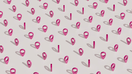 3D illustration of pink location pins and vertical bars arranged in geometric grid pattern
