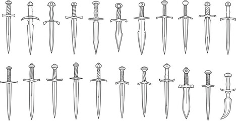 Fototapeta premium A collection of various swords depicted in a detailed illustration, showcasing different designs and styles, presented from a straightforward viewpoint.