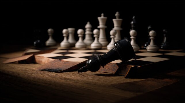 Philosophical social commentary illustration, broken chessboard symbolizing power shift and moral choice