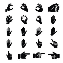 Fototapeta premium Collection of various hand gestures and signs in black silhouettes on a plain background, viewed directly from the front, showcasing different hand positions and actions.