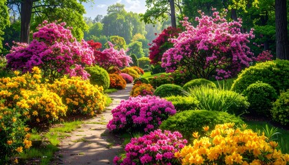 Lush garden path lined with vibrant, blooming flowers in shades of pink, yellow, red, and orange, under a bright sky