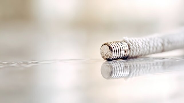 Sneaker brand detail shot, macro of polished aglet on white shoelace, clean product photography
