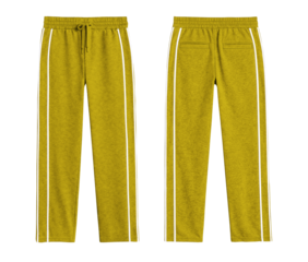 Yellow Athletic Track Pants with White Side Stripes, Front and Back Isolated on Transparent