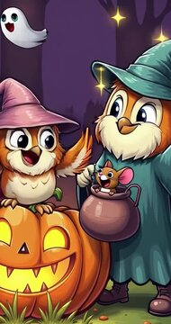 halloween, calabaza, dibujos animados, felinos, ilustraci&oacute;n, animal, buhos, gorros, vacaciones, vector, cuca, anaranjada, oto&ntilde;al, chistoso, bruja, octubre, horror, ave, alarmante, arte, asustadizo, di