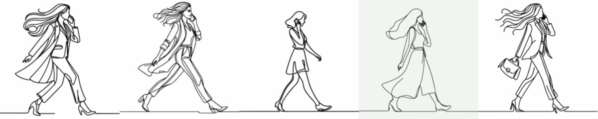 Fototapeta premium line art of a woman walking while talking on the phone