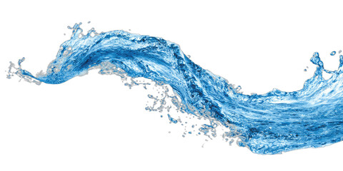 Swirling, dynamic blue water splash with fine droplets against a black background