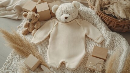 Neutral Baby Bodysuit with Toys and Pampas Grass Flat Lay Photography