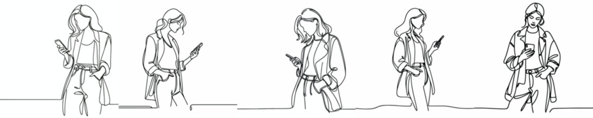 Obraz premium line art of a woman holding a cellphone playing social media