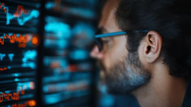 Man in Glasses Analyzing Data on Computer Screen.