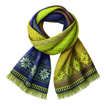 Exquisite handwoven wool scarf with vibrant floral patterns and fringed edges transparent background