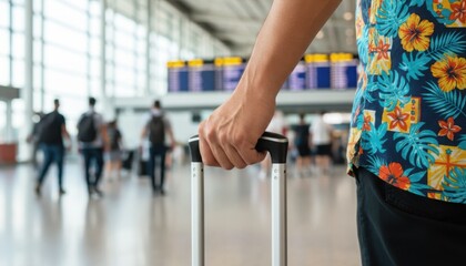 Traveler's hand holding a suitcase handle in a busy, modern airport terminal, wearing a tropical shirt.