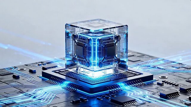 Circuit board with glowing cube