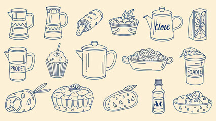 Collection of Hand Drawn Food and Drink Items.