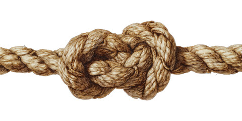 A textured, detailed close-up of a thick, woven rope tied in a complex knot