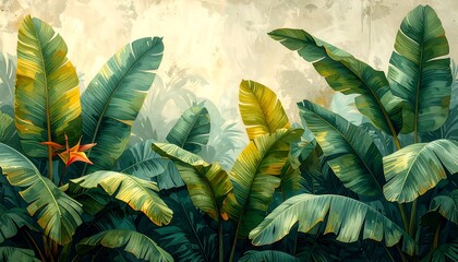 Lush illustration of dense green foliage with oversized banana leaves, subtle color variations, and a light background