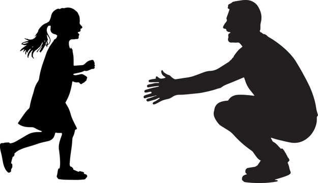 Silhouette of Man and Little Girl Running.