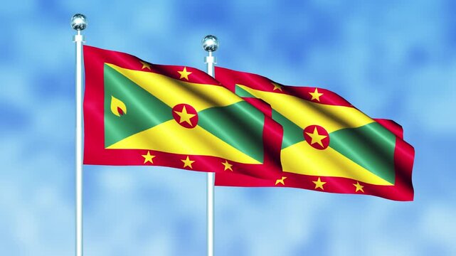Grenada National Flag Waving on Flagpole, Seamless Loop, Realistic 3D Animation