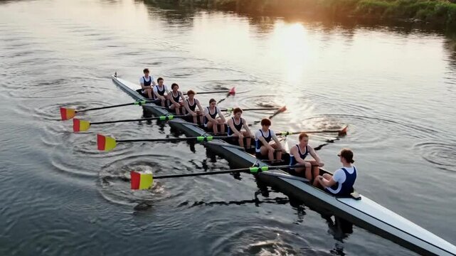 Rowing team in sleek boat glides across calm river at sunset, creating ripples as they practice, cinematic view captures motion