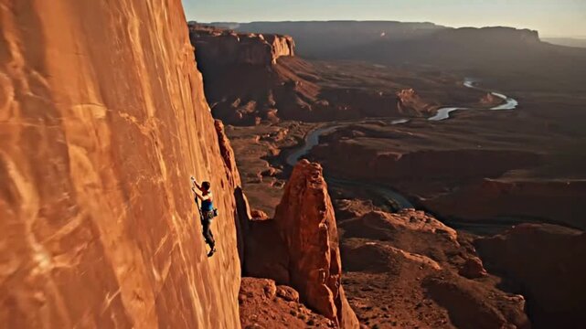Professional rock climber ascends huge sandstone cliff face during a dramatic sunrise over vast desert canyons and winding river below